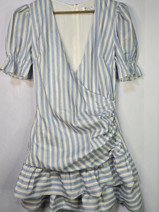 Bellevue Dresses & Skirts - Bellevue Size M Coastal Striped Mini Dress, Wrap Bodice & Ruffle Hem